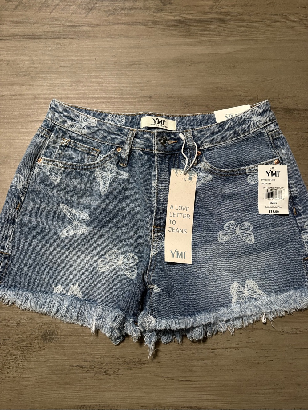 YMI Light Blue Denim Jean Shorts with White Butterfly Print size 5/27
